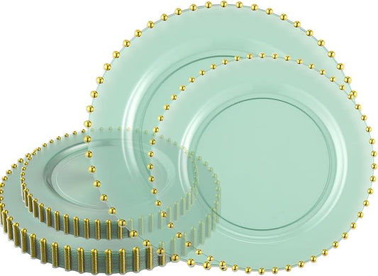 PLASTICPRO 32 Piece Combo Plastic Dinner Plates Disposable Plastic Fancy Heavy Duty Party Dishes 7 inch and 10 inch, Translucent Green and Gold Beaded