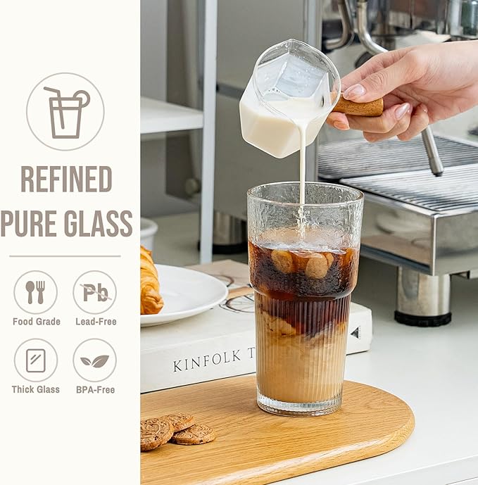 20oz Glass Tumblers with Lids and Straws, Set of 2 - Stylish Ribbed Design Drinking Glasses for Iced Coffee Cups, Juice, Smoothies, Cold Beverages, Includes Cleaning Brush, Durable Glassware