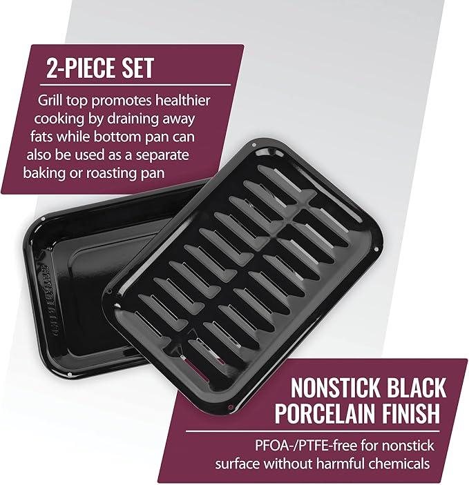 Certified Appliance Accessories Small 2-Piece Broiler Pan & Grill Set Porcelain-on-Steel 13"x8-3/4"x1-3/8" Broiler Pan for Oven, Black Whirlpool 4396923, Maytag, Kitchen-Aid replacement