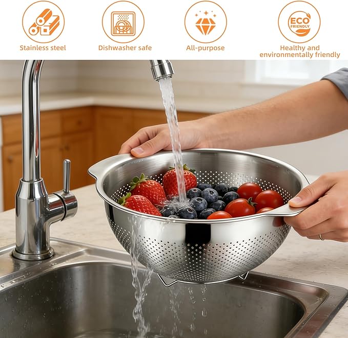 Colanders & Food Strainers,304 Stainless Steel Colander,3 Pcs Kitchen Strainers & Colanders for Pasta, Rice, Vegetables,Dishwasher Safe Metal Colander with Handles,Kitchen Gift(2.5QT, 3.5QT, 5QT)