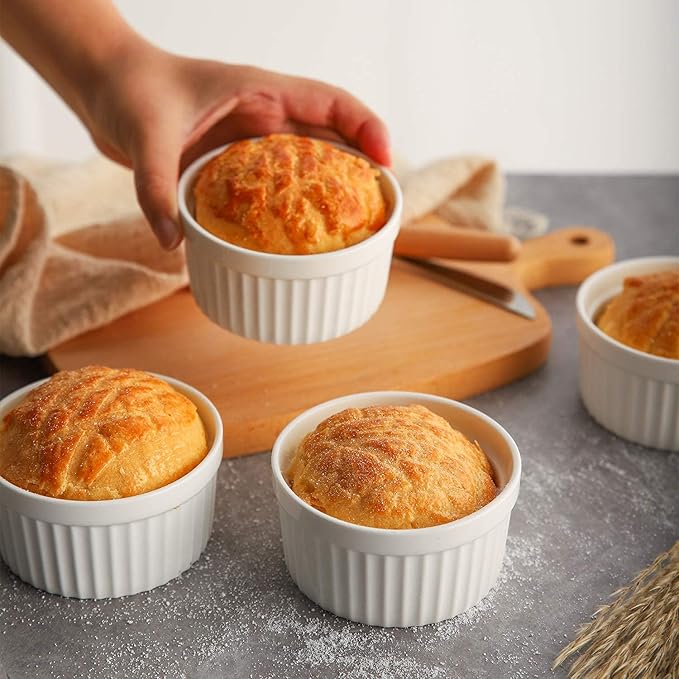 Porcelain Ramekins 4 oz Oven Safe, Small Souffle Dishes for Creme Brulee, Ice Cream, Dipping and Sauces Cup, Ceramic White Mini Baking Bowls Set of 6