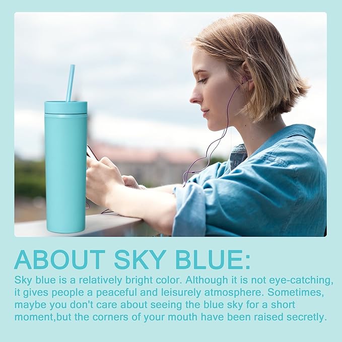 sweet grain Skinny Tumblers with Lids and Straws(6 Pack) - 16oz Matte Pastel Colored Skinny Acrylic Tumblers, Double Wall Plastic Tall Skinny Tumblers Bulk for Cold Hot Drinks - Sky Blue
