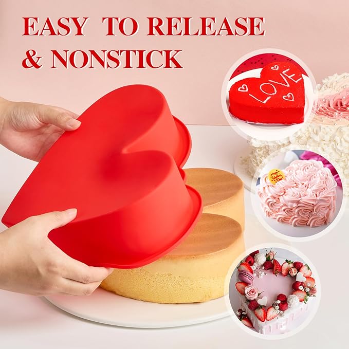 10 Inch Heart Shaped Cake Pans, 2 Pack Nonstick Large Silicone Heart Baking Molds for Mother's Day, Wedding, Birthday Party