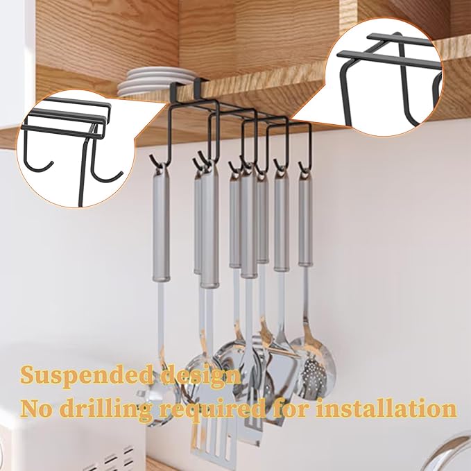 Mug Holder Under Cabinet,2pcs Coffee Mug Organizer for Kitchen,Fit for 0.8 Inch Thickness Shelf or Less,Nail Free Adhesive Coffee Cups Holder Hanger for Cups/Kitchen Utensils/Keys Storage (Black)