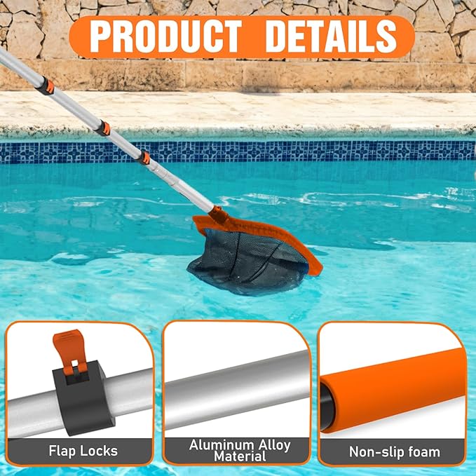 4-in-1 Pool Skimmer Net with Pole, Heavy Duty Pool Net and Fine Mesh Leaf Skimmer Net for Above Ground Pool, 16FT Telescopic Pool Pole with Professional Pool Net and Pool Hook for Cleaning