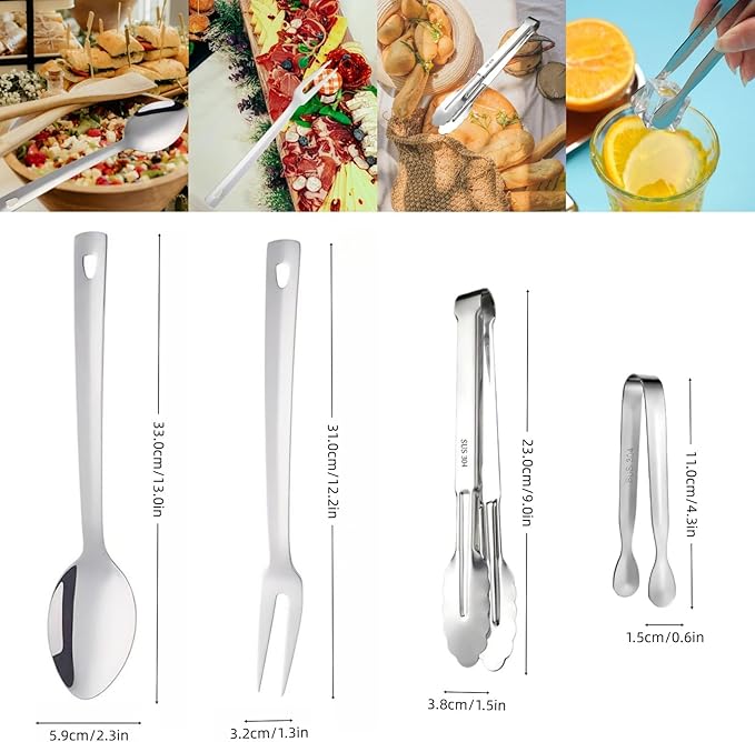 10-Piece Large Flatware Serving Utensils Sets, Stainless Steel Long Handle Serving Spoons, Heavy Duty Serving Forks, Serving Tongs, Mini Sugar Tongs for Buffet Catering Banquet Party (Silver)