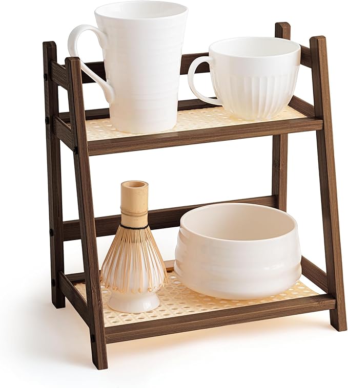 1 Pcs 2 Tier Matcha Station Shelf Bamboo Coffee Mug Stand Countertop Storage Rack, Double Layer Rattan Office Cup, Kitchen, Tea, Plant, Bar Accessories Condiment Display(Brown,10.2 Inch)