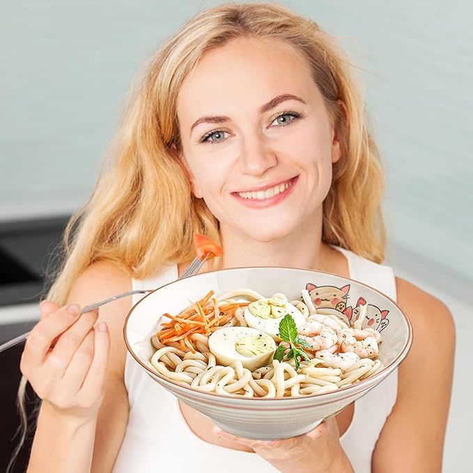 NJCHARMS Ceramic Japanese Ramen Noodle Soup Bowl, 2 Sets (6 Piece) 42 Ounce, with Matching Spoon and Chopsticks for Udon Soba Pho Asian Noodles (8 inch, Beige)