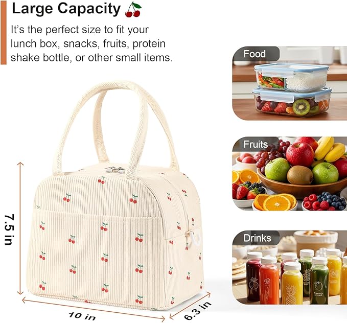 Lunch Box for Women Adults, Reusable Cute Corduroy Lunch Tote Box with Large Capacity, Insulated Lunch Bag with Adjustable Shoulder Strap, Perfect for Work, Picnic, Office or Travel