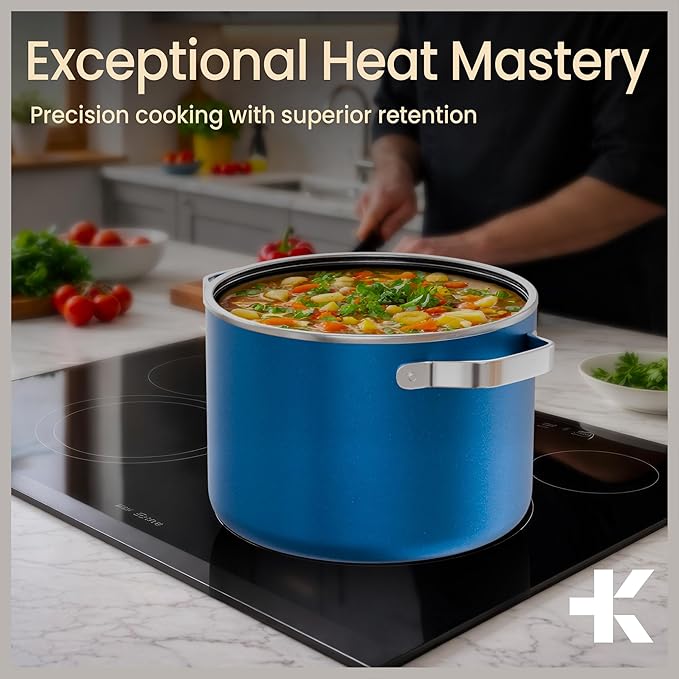 Bakken 5 Quart Ceramic Coated Stock Pot with Lid, Easy to Clean Nonstick Pot, Tempered Glass Lid, Riveted Stainless Steel Handles, Oven Safe Up To 500°F, PTFE & PFAS Free, All Stove Compatible, Blue