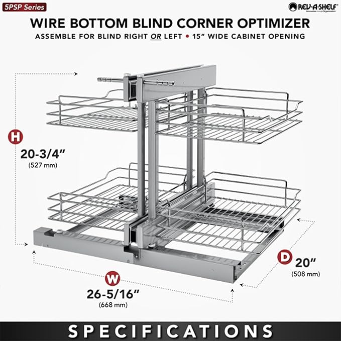 Rev-A-Shelf Chrome Two-Tier Wire Bottom Optimizer for 15" Blind Corner Cabinet Openings, Storage Organizer with 4 Shelves, 5PSP-15-CR