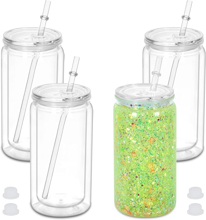 16 oz Plastic Snow Globe Tumbler, 4 Pack Double Wall Snowglobe Tumbler with Pre Drilled Hole, Plastic Mason Jar Cups Can for Snow Globe Glitter DIY ( Clear )