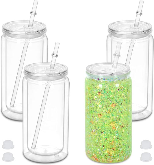 16 oz Plastic Snow Globe Tumbler, 4 Pack Double Wall Snowglobe Tumbler with Pre Drilled Hole, Plastic Mason Jar Cups Can for Snow Globe Glitter DIY ( Clear )