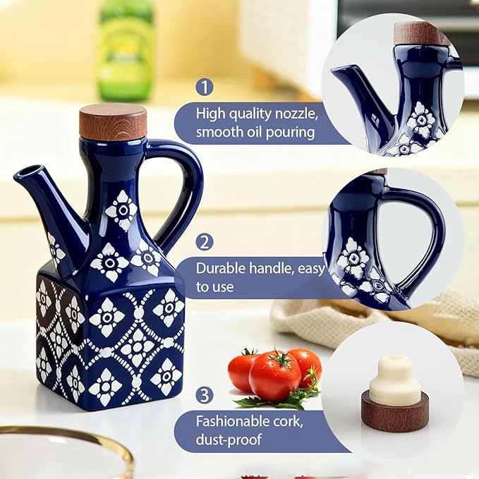 Olive Oil Dispenser Bottle Ceramic，8.5 Oz Decoration Oil Dispenser for Kitchen，Leakproof Oil And Vinegar Container with Handle，Italian Cooking Oil Cruet，Easy Pour (Blue)