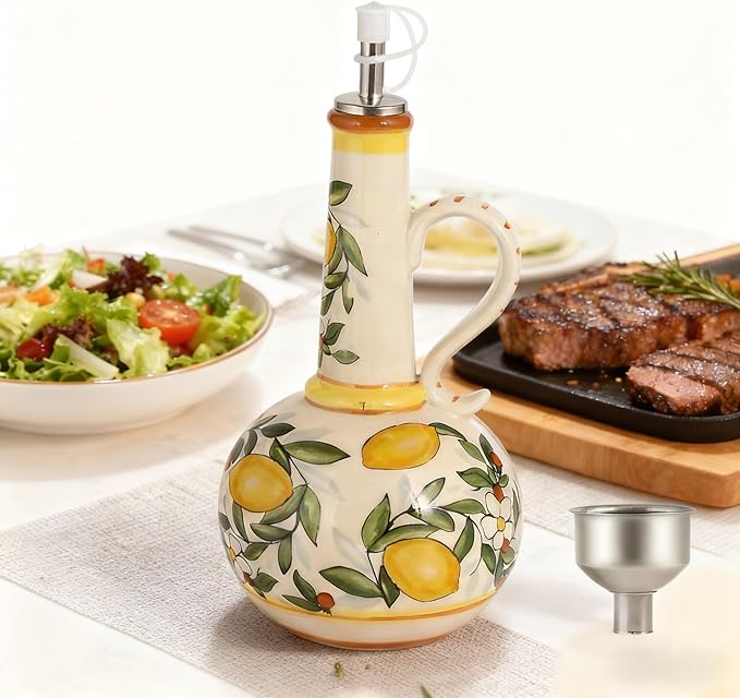 Ceramic Olive Oil Dispenser Bottle 23oz, Hand Painted Olive Oil Bottles, Decorative Stoneware Olive Oil Cruet for Kitchen with Stainless Steel Spout for Oils, Sauces, Vinegar (Llemon)