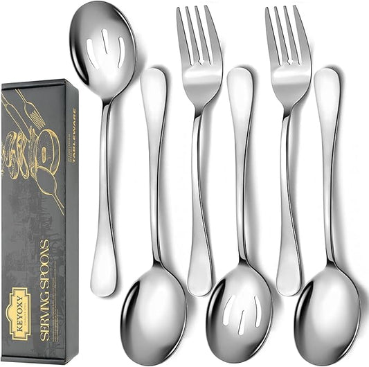 6 Piece Stainless Steel Serving Spoons Set, 10-Inch, Includes 2 Spoon/Slotted/Forks for Parties/Kitchen/Buffet/Catering, Dishwasher Safe