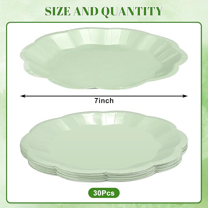 30 Pcs Sage Green Paper Plates, 7 Inch Scalloped Easter Plates Small Dessert Cake Plate Cute Party Plate Disposable Sage Greens Party Supplies for Wedding, Baby Bridal Shower, Birthday
