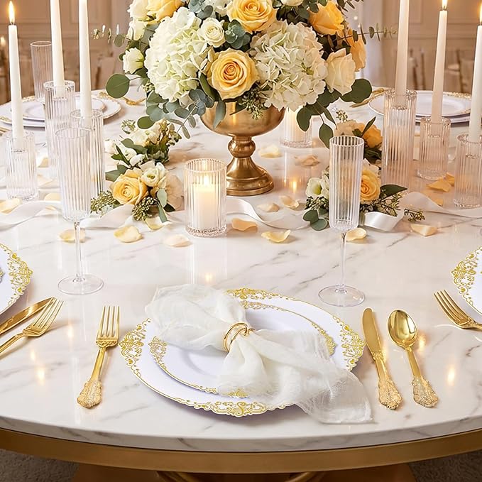 200PCS White and Gold Plates - Gold Plastic Plates - Fancy Disposable Plate - Gorgeous 10inch Dinner & 7.25inch Dessert Plate for 100 Guests for Wedding & Party