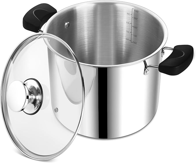 10 Quart 3-Ply Cooking Stock Pot with Lid, P&P CHEF Stainless Steel Large Pot for Pasta Soup, Work on Multi Stove, Heavy Duty & Dishwasher Safe, Dual Heat-resistant Handles & Transparent Glass Lid