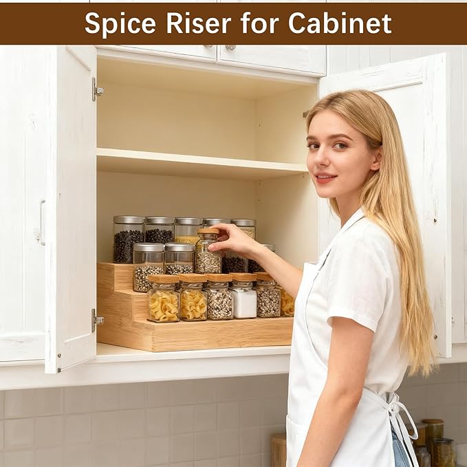 2 Pack Spice Rack Riser for Cabinet, Bamboo Spice Organizer Display Shelf for Kitchen Countertop