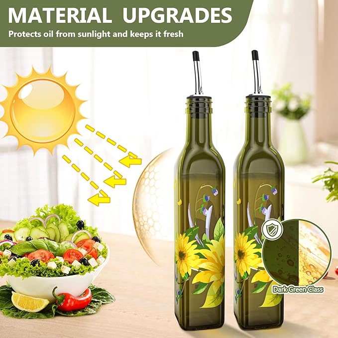 COOLMI Oil and Vinegar Dispenser Set - 17oz/500ML Premium Glass Olive Oil Dispenser Bottles for Kitchen, Oil Dispenser for Kitchen (Yellow Daisy)