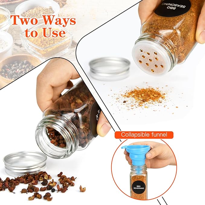DkOvn 24pcs Glass Spice Jars, 4oz Empty Spice Jars with Metal Caps, Labels, Shaker Lids, Collapsible Funnel, Chalk Pen, Seasoning Organizer for Spice Rack
