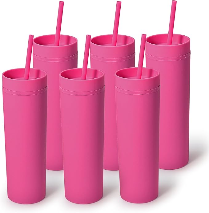 sweet grain Skinny Tumblers with Lids and Straws(6 Pack) - 16oz Matte Pastel Colored Skinny Acrylic Tumblers, Double Wall Plastic Tall Skinny Tumblers Bulk for Cold Hot Drinks - Rose Red