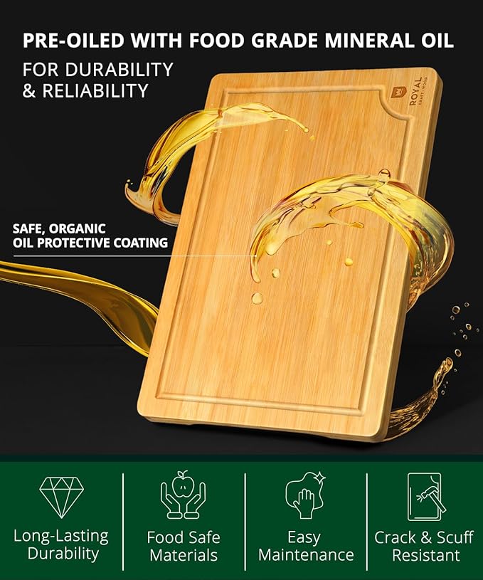ROYAL CRAFT WOOD Organic Bamboo Cutting Board with Juice Groove - Kitchen Chopping Board for Meat (Butcher Block) Cheese and Vegetables
