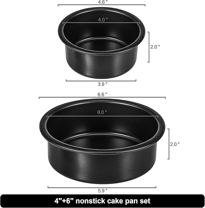 4-Inch & 6-Inch Cake Pan Set, Set of 2, Round Baking Pan, Carbon Steel Birthday Wedding Metal Layer Cake Pans, Non Toxic Coating, Straight Side, Easy Clean Easy Release, 2 Inch Deep