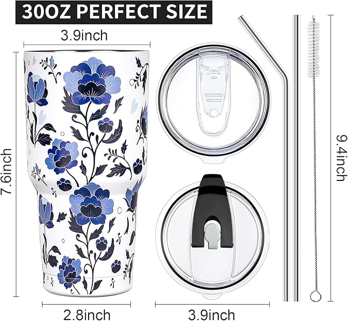 30 oz Tumbler with Lids and Straws Double Wall Insulated Tumbler Cup,Stainless Steel Vacuum Tumbler Powder Coated Travel coffee Mug for Cold and Hot Drinks,Blue and White Porcelain