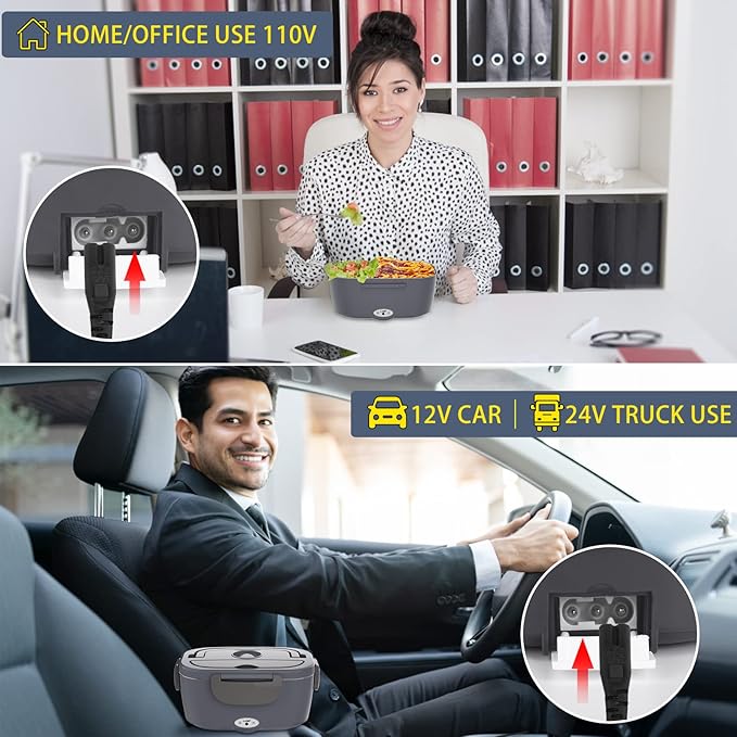 Electric Lunch Box Food Heater 3 in 1 Portable Warmer Leakproof Heated Box for Adults, Heating Microwave for Car/Home with 2 Removable Stainless Steel Container, 12V/24V 110V