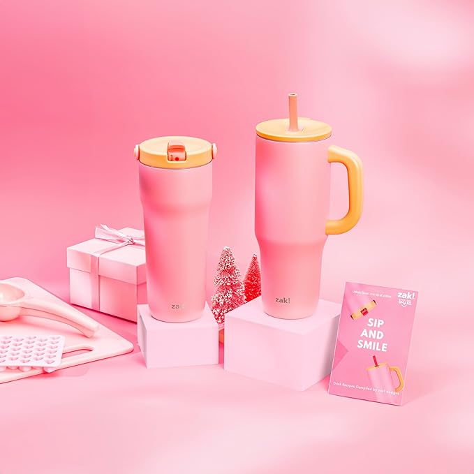 Zak Designs Sutton Travel Tumbler for On the Go, 30oz Stainless Steel with Vacuum Insulation, Straw Spout, Carry Handle for Cold Drinks (So Sweet Pink)