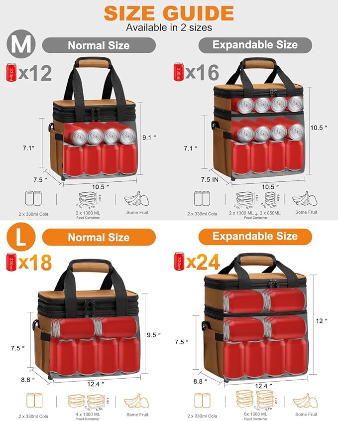 Lunch Box For Men Women Double Deck Insulated Lunch Bag For Men Woman Leakproof Expandable Cooler Bag with Adjustable Shoulder Strap for Kids Shool Work Picnic Camping(Brown,Large)