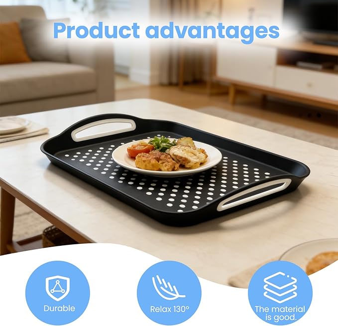 2 Pack Large Nonslip Serving Tray with Handles Lap Food Trays for Eating on Couch Tray for Breakfast Dinner Snack Fruit Beverage(Black & White)