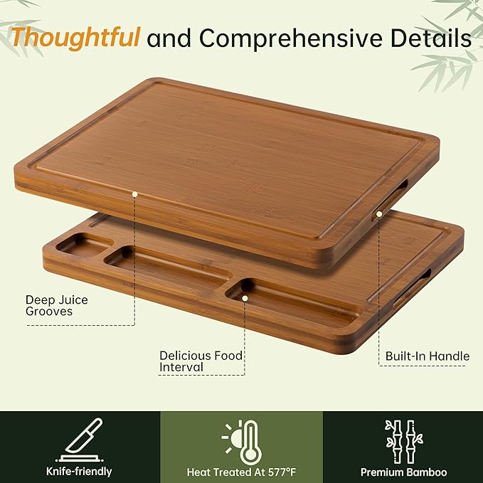 Carbonized Bamboo Cutting Boards for Kitchen, 1"Thickened Cutting Board with Juice Groove, Large Butcher Block with Handle, Wood Charcuterie Chopping Board for Prep & Serving Tray, 17" x 13"