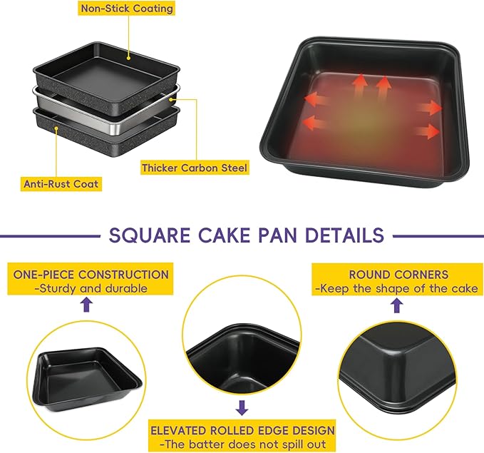 8x8 Baking Pan,Square Cake Pan,Nonstick Square Baking Pan for Making Brownies, lasagna,Rust-Resistant, Dishwasher Safe,2 PCS Heating Aluminum Bakeware with Silicone Scraper & Oil Brush