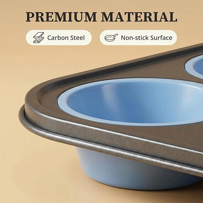 Boyun Silicone Muffin Pan for Baking,No-Spill Easy-Transfer Design,Reinforced Steel Frame, Non-Stick & Dishwasher Safe,12-Cup Regular Size Muffin & Cupcake Pan Bakeware for Oven (Blue 2pcs)