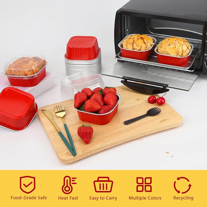 LNYZQUS 10oz Square Baking Cups Brownie Pans with Lids 40 Pack, Disposable Ramekins Mini Cake Pan,4”X4” Aluminum Jumbo Cupcake Muffin Tin Dessert Holder for Christmas-Red