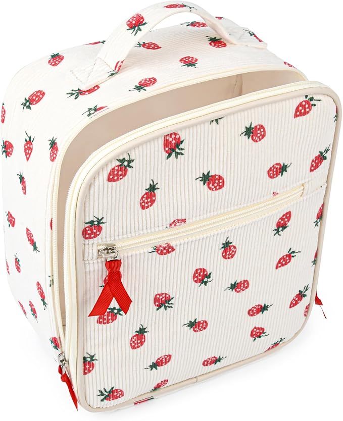 Aileam Lunch Box Lunch Bag for Women Cute Girls Insulated Womens Lunch Bag For Work Quilted Large Capacity Reusable Insulated Cooler for Work School Picnic Travel Strawberry Beige
