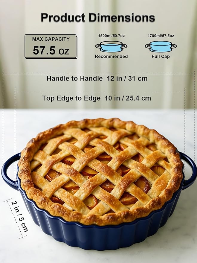 10×2in Deep Ceramic Pie Pan with Handles for Pie Quiche Tart Baking. Easy to grip, Lead-Free. Casserole Lasagna Dish for Thanksgiving Christmas Gift. Oven Microwave Dishwasher Safe. Blue
