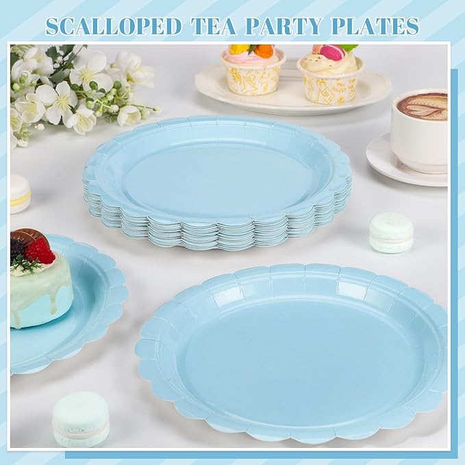 30 Pcs Light Blue Plates, Boy Baby Shower Decorations 9 Inch Scalloped Baby Blue Dessert Party Plate Cute Paper Plate for Easter Party, Birthday, Wedding, Bridal Shower