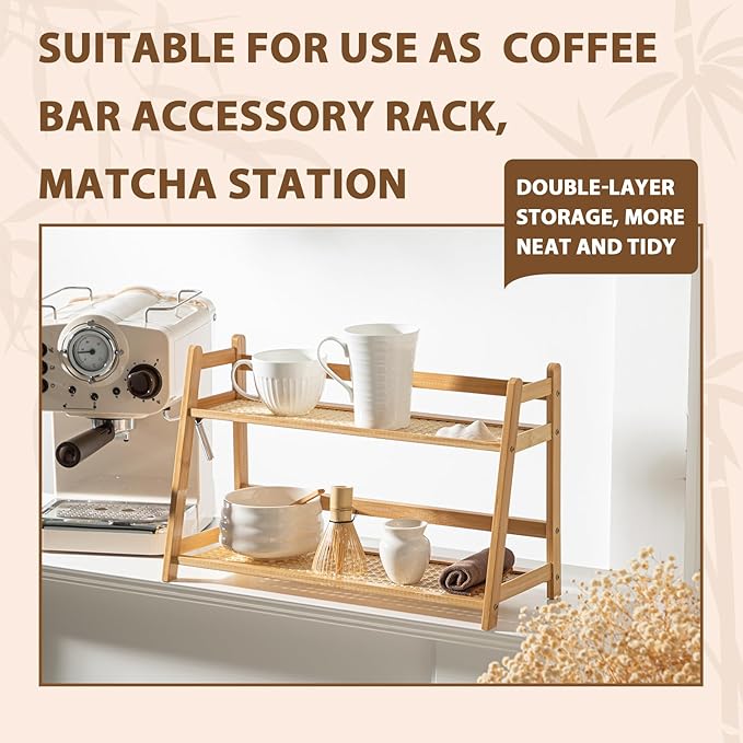 1 Pcs 2 Tier Matcha Station Shelf Bamboo Coffee Mug Stand Countertop Storage Rack, Double Layer Rattan Office Cup, Kitchen, Tea, Plant, Bar Accessories Condiment Display (Wood,17.7 Inch)