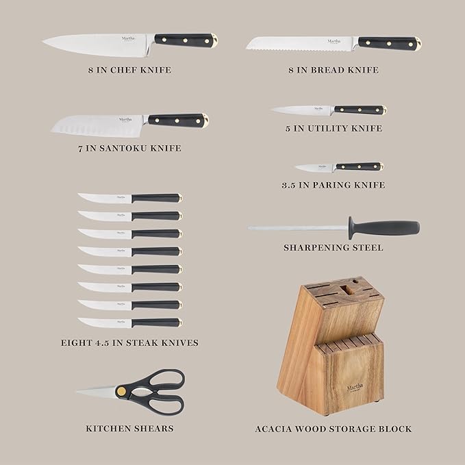 Martha Stewart 16 Piece Lockton High Carbon Stainless Steel Cutlery Kitchen Knife Block Set W/ABS Triple Riveted Forged Handle Acacia Wood Block - Black W/Gold