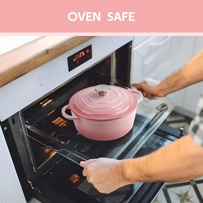 4 Quart Dutch Oven Enameled Cast Iron with Lid - Big Dual Handles - Oven Safe up to 500°F - Classic Round Pot for Versatile Cooking Pink