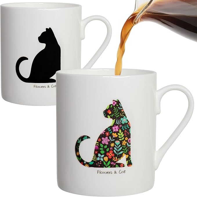 Cat Heat Color Changing Coffee Mug - 12 oz Ceramic Tea Cup - Cat Lover Gift for Women.
