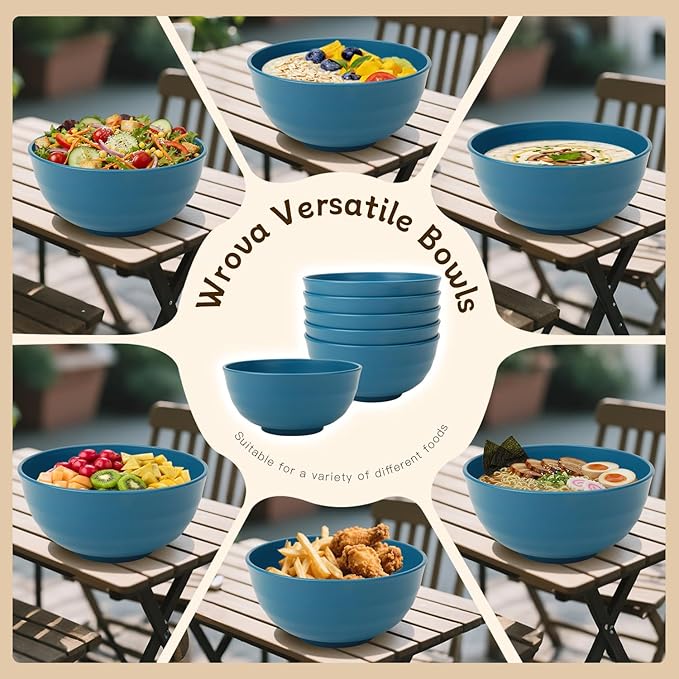 Wrova Big Salad Bowls for Kitchen, Premium 60oz Wheat Straw Bowls Set of 6, Unbreakable Cereal Bowls Popcorn Bowls Reusable, Microwave Safe Salad Bowls Large Serving for Fruit,Rice and Oatmeal- Blue