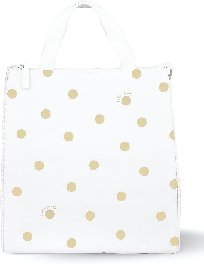 kate spade new york Portable Soft Cooler Lunch Bag, Thermal Tote with Insulated Interior Lining and Storage Pocket, Lunch Tote for Women, Gold Dot with Script
