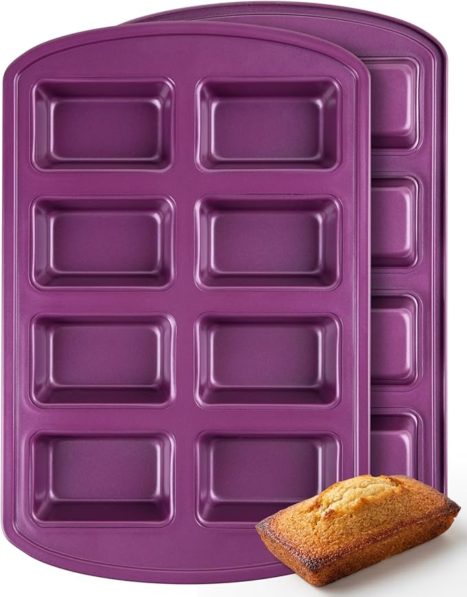 CARTMAN 2-Pack 8-Cavity Mini Loaf Pans Set with Spatula & Brush – 15.5” x 10” Nonstick Carbon Steel Small Bread Pan for Banana Bread, Meatloaf & Keto Snacks Plum Purple