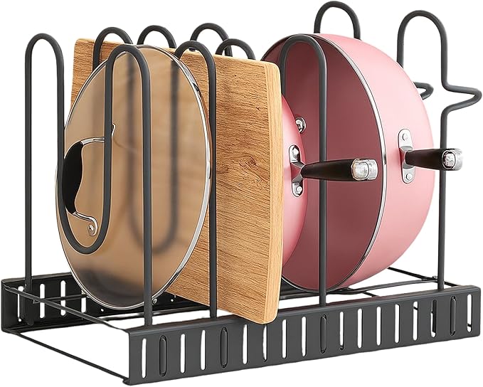 Pots and Pans Organizer for Cabinet, 3-in-1 Adjustable Cookware Storage Rack System, 8 Tier Pot Organizers Rack, Adjustable Pan Organizer under Cabinet Kitchen Organization and Storage 16.5 Height.