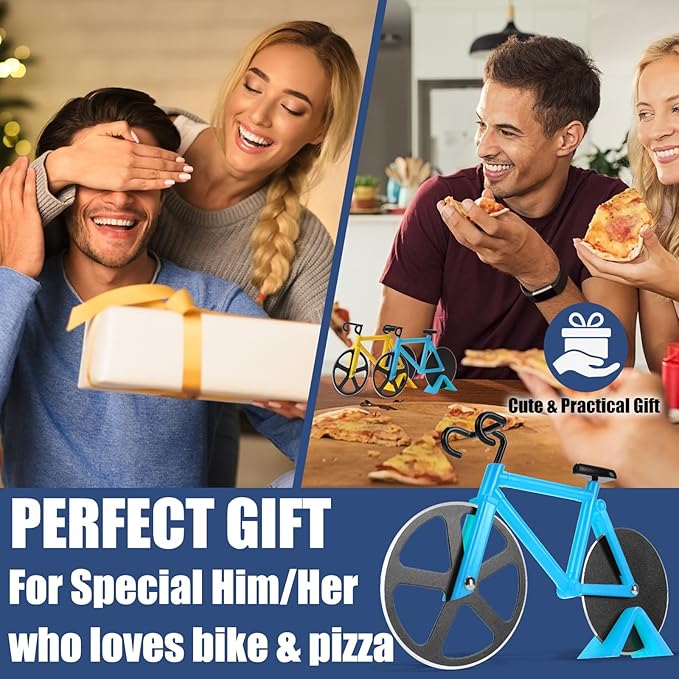 Bicycle Pizza Cutter Wheel - Gifts for Cyclists, Men, Dad, Bike Lovers - Funny Kitchen Gadgets - Cool Father’s Day, Christmas, Birthday, White Elephant Gifts - Stainless Steel Pizza Slicer(Blue)